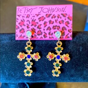 Betsey Johnson Gold and Green Cross Earrings